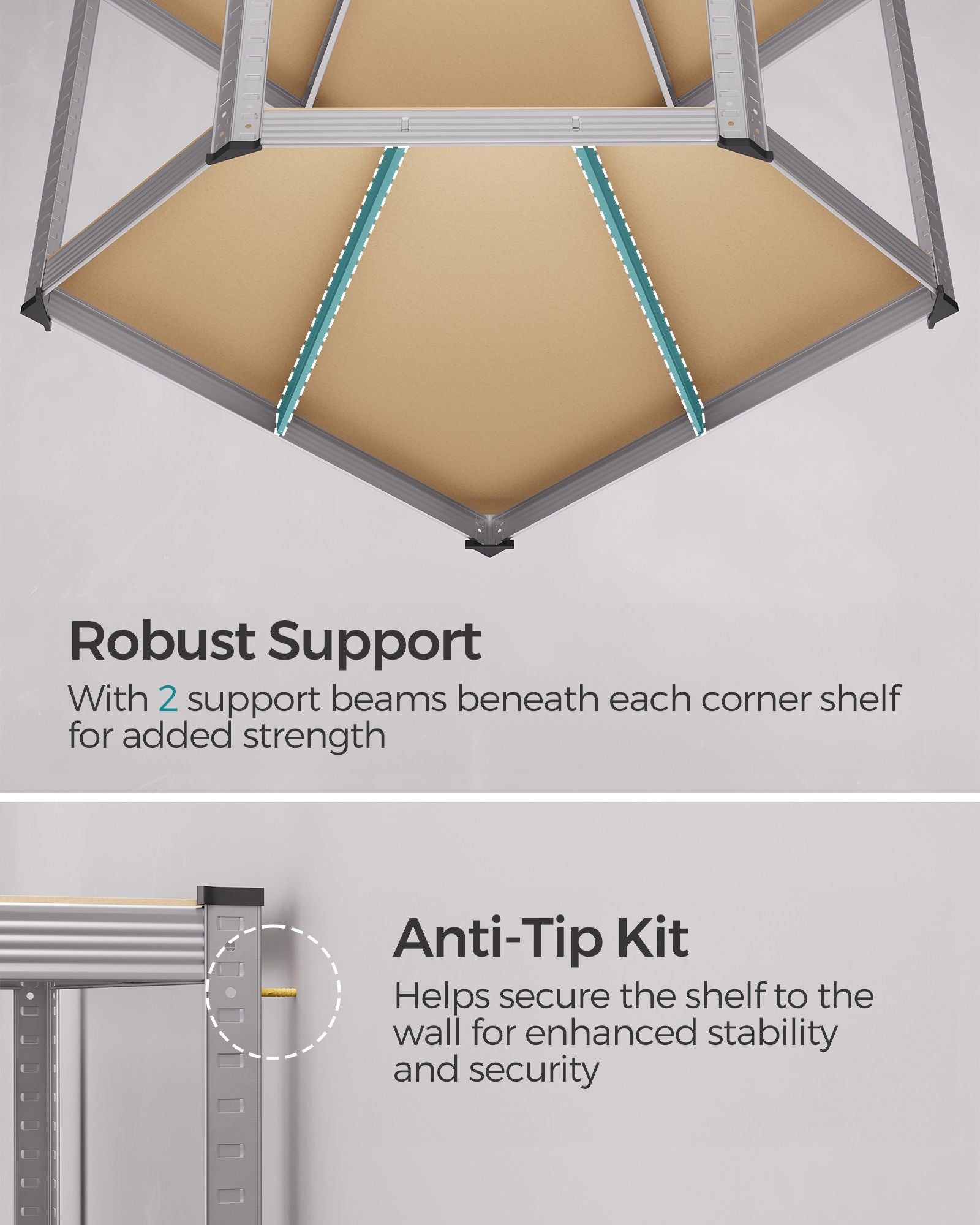 4-Tier Corner Shelf – Metal – Silver and Natural Beige – Heavy Duty Design for Garage and Storage Rooms