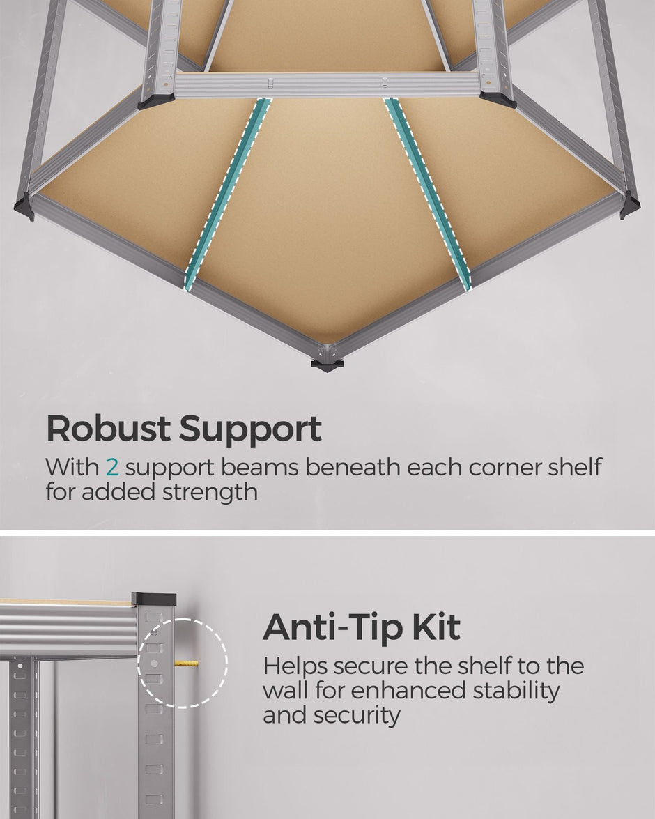 4-Tier Corner Shelf – Metal – Silver and Natural Beige – Heavy Duty Design for Garage and Storage Rooms