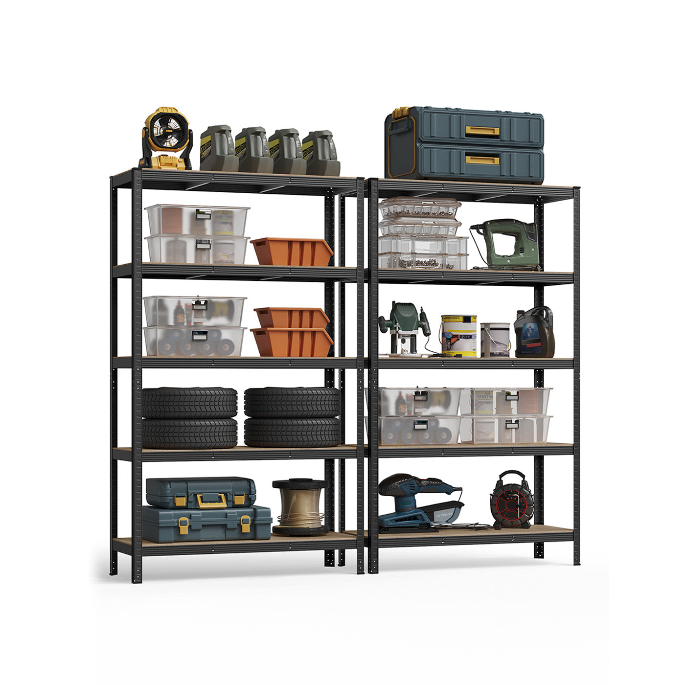 5-Tier Shelving Unit Set of 2 – Metal – Silver/Greige & Black/Rustic Brown – 650 kg Load Capacity, Adjustable Shelves