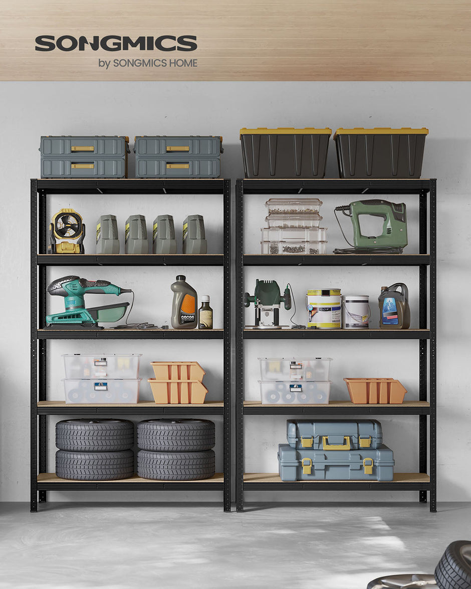 5-Tier Shelving Unit Set of 2 – Metal – Silver/Greige & Black/Rustic Brown – 650 kg Load Capacity, Adjustable Shelves