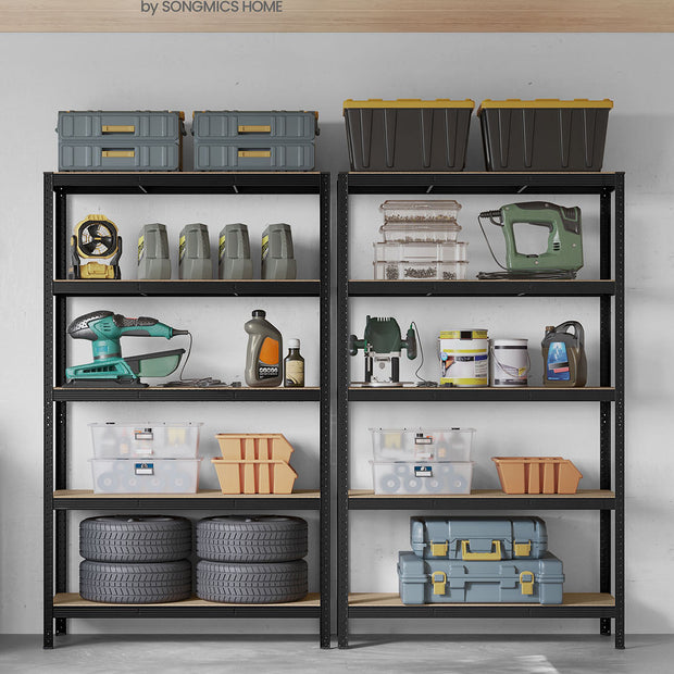 5-Tier Shelving Unit Set of 2 – Metal – Silver/Greige & Black/Rustic Brown – 650 kg Load Capacity, Adjustable Shelves