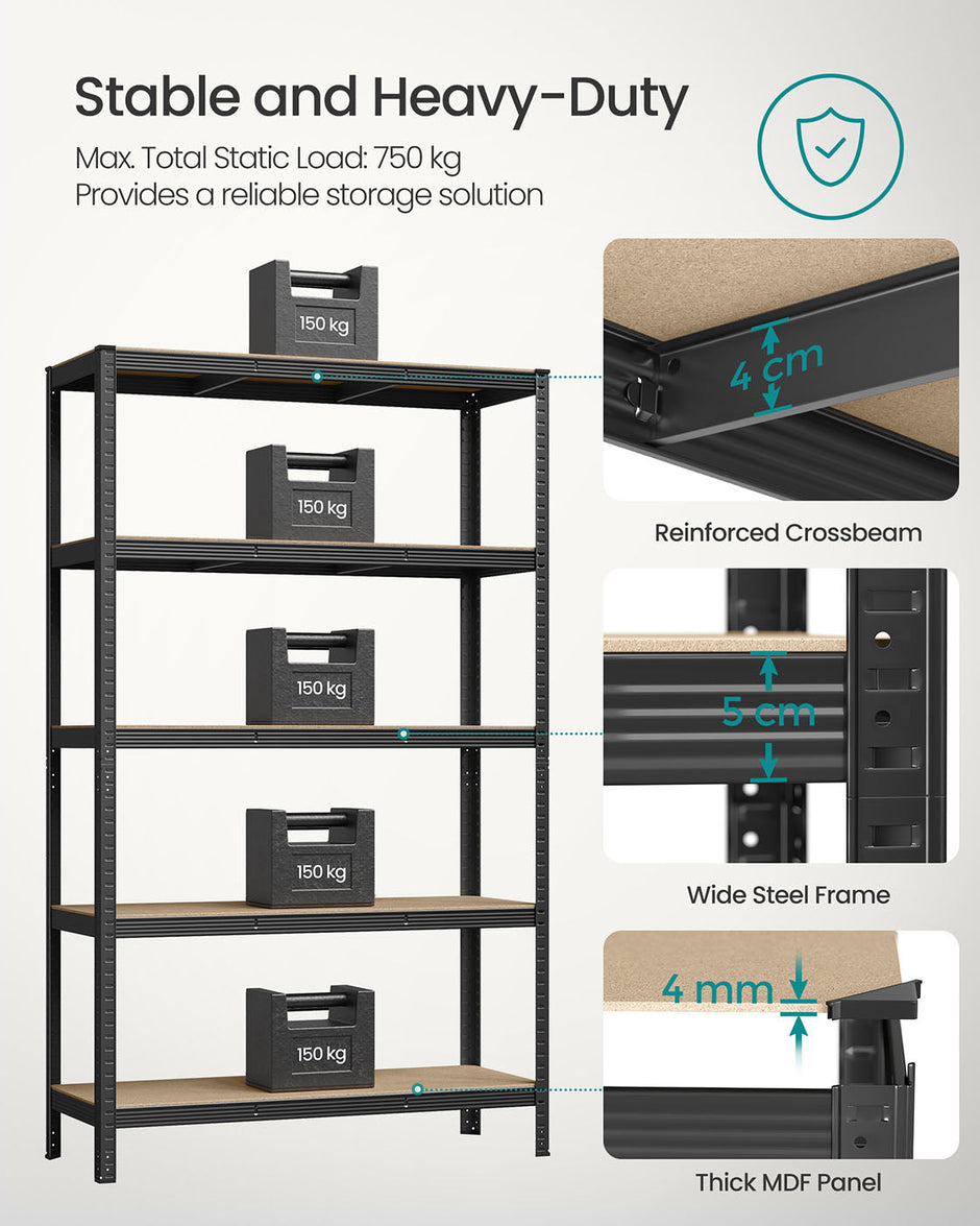 5-Tier Shelving Unit Set of 2 – Metal – Silver/Greige & Black/Rustic Brown – 650 kg Load Capacity, Adjustable Shelves