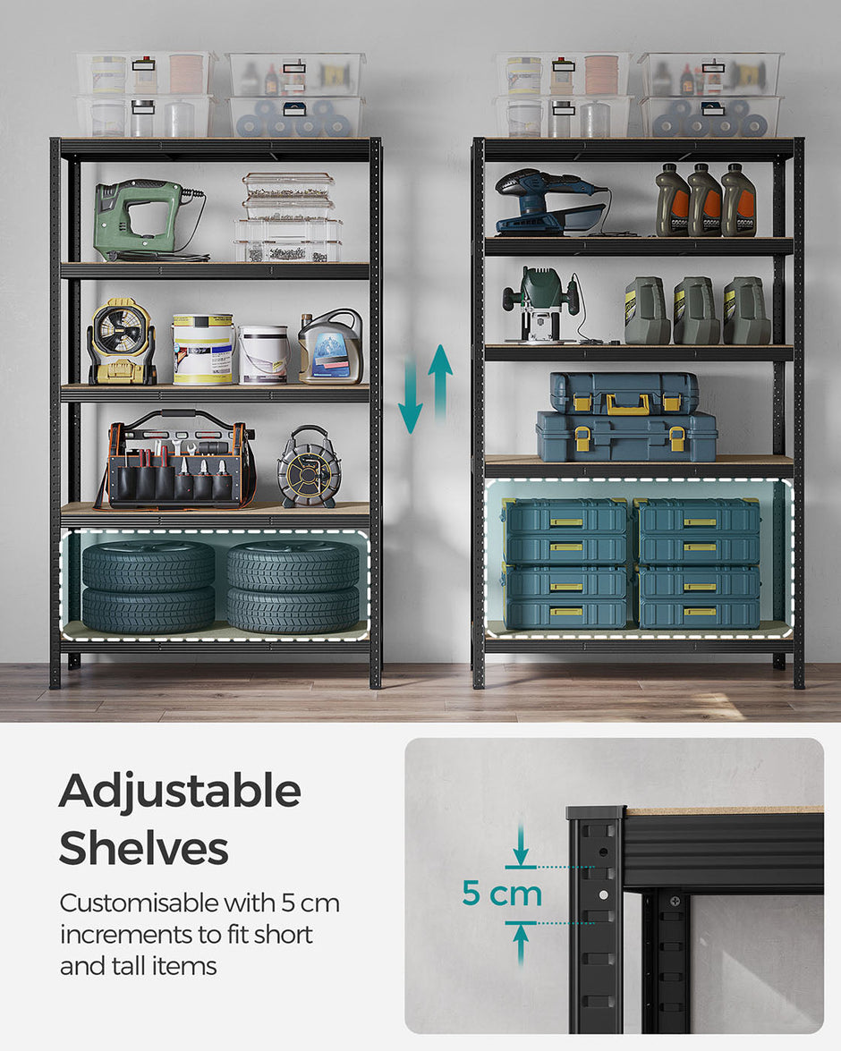 5-Tier Shelving Unit Set of 2 – Metal – Silver/Greige & Black/Rustic Brown – 650 kg Load Capacity, Adjustable Shelves