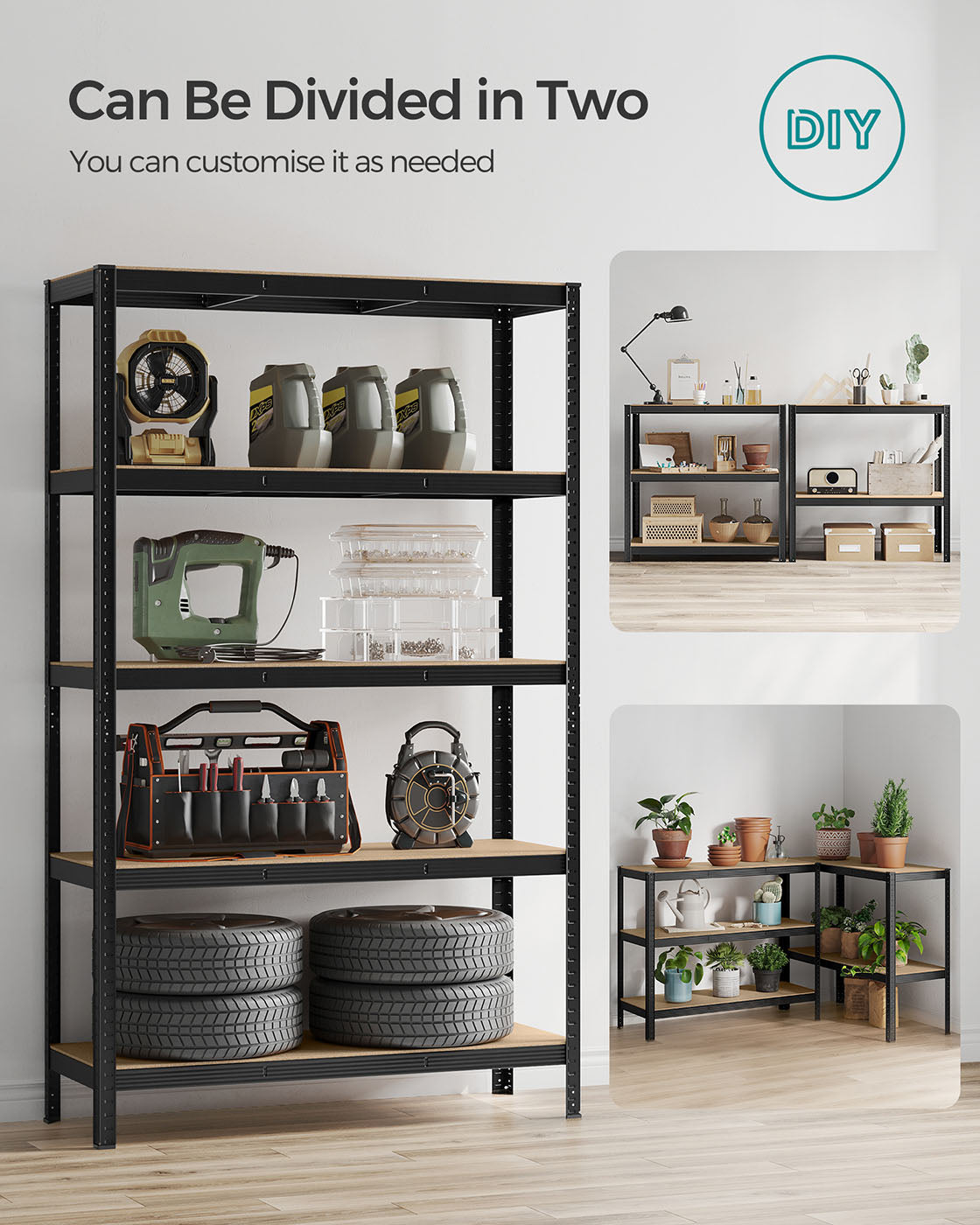 5-Tier Shelving Unit Set of 2 – Metal – Silver/Greige & Black/Rustic Brown – 650 kg Load Capacity, Adjustable Shelves