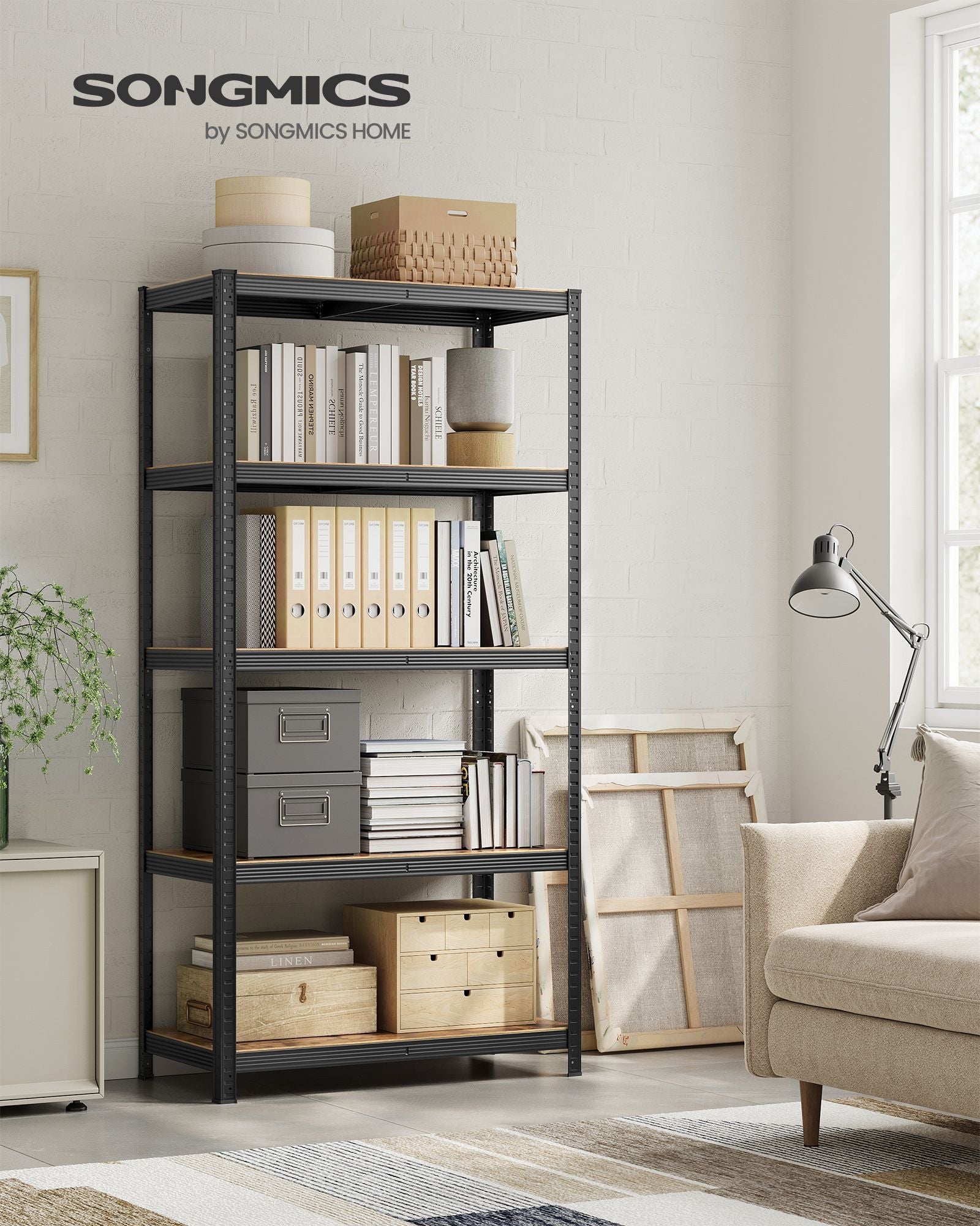 5-Tier Shelving Unit – Reinforced Steel – Black and Rustic Brown – Adjustable Shelves, Max. Load 875 kg