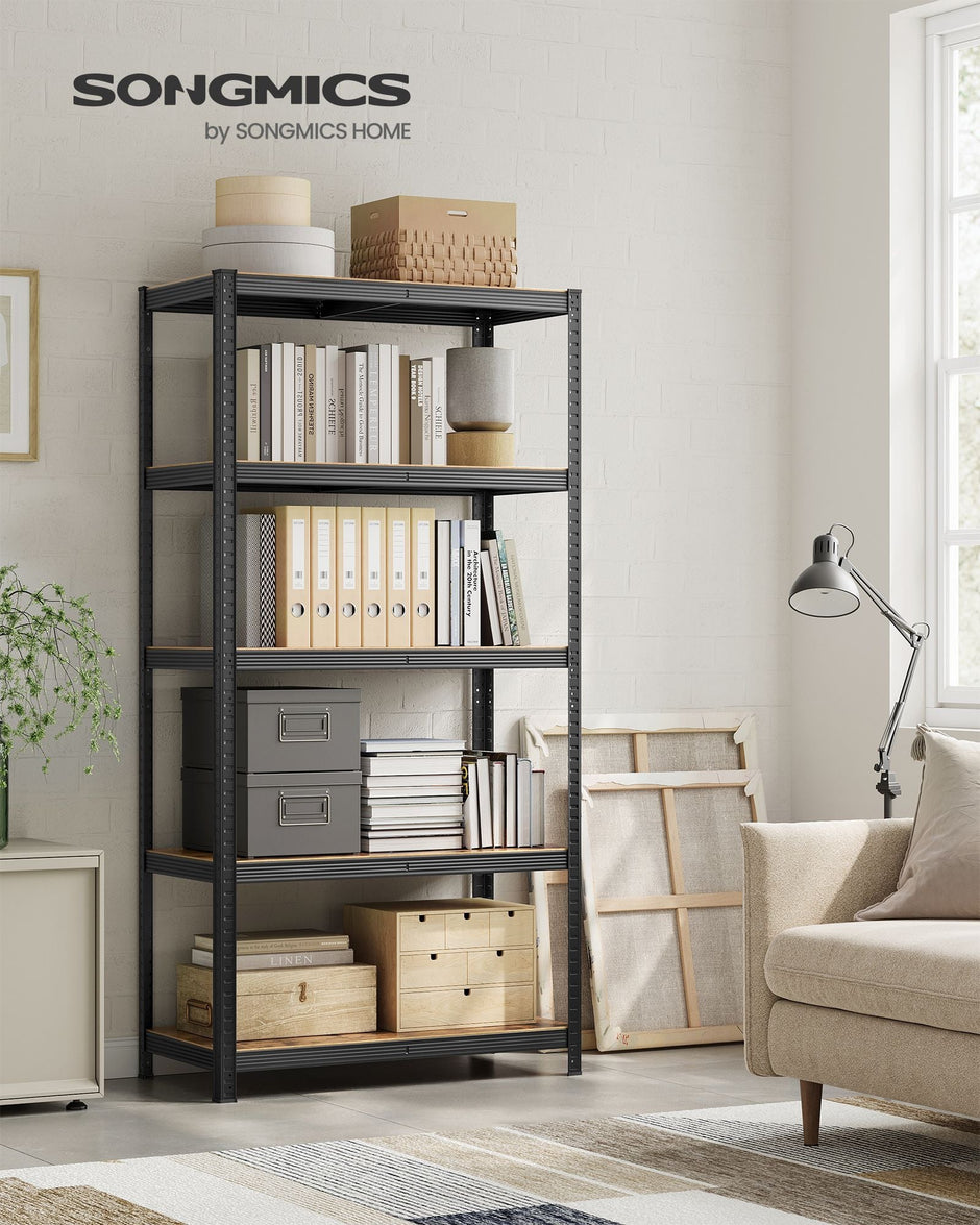5-Tier Shelving Unit – Reinforced Steel – Black and Rustic Brown – Adjustable Shelves, Max. Load 875 kg