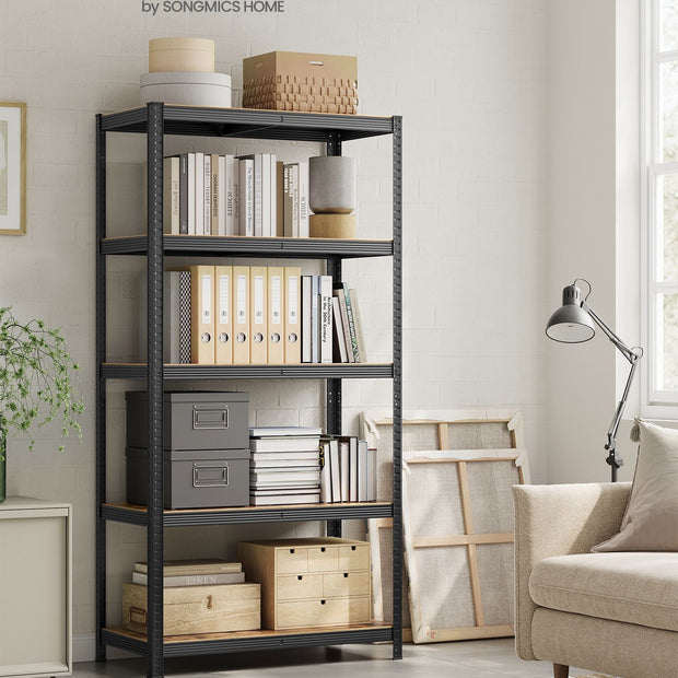 5-Tier Shelving Unit – Reinforced Steel – Black and Rustic Brown – Adjustable Shelves, Max. Load 875 kg