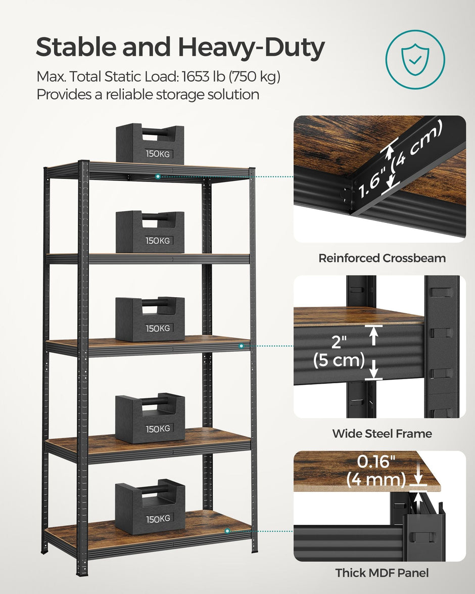5-Tier Shelving Unit – Reinforced Steel – Black and Rustic Brown – Adjustable Shelves, Max. Load 875 kg