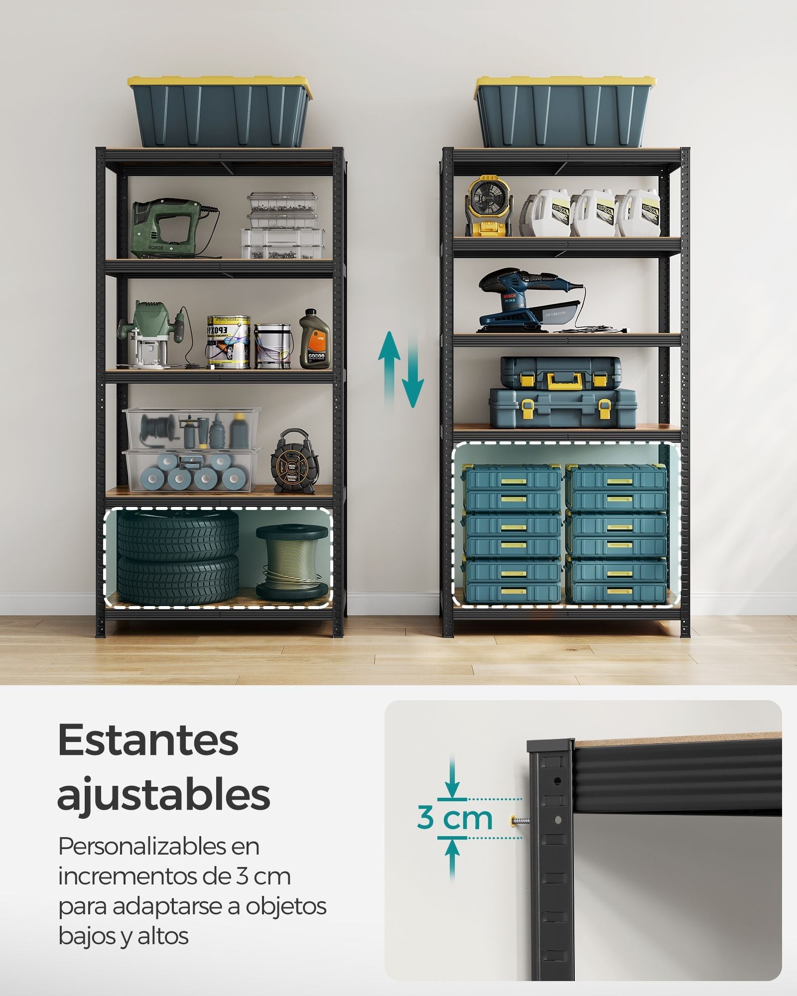 5-Tier Shelving Unit – Reinforced Steel – Black and Rustic Brown – Adjustable Shelves, Max. Load 875 kg