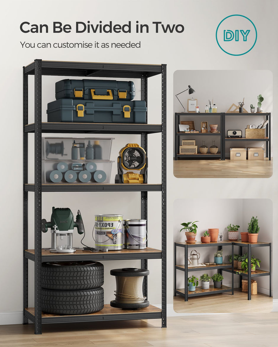 5-Tier Shelving Unit – Reinforced Steel – Black and Rustic Brown – Adjustable Shelves, Max. Load 875 kg