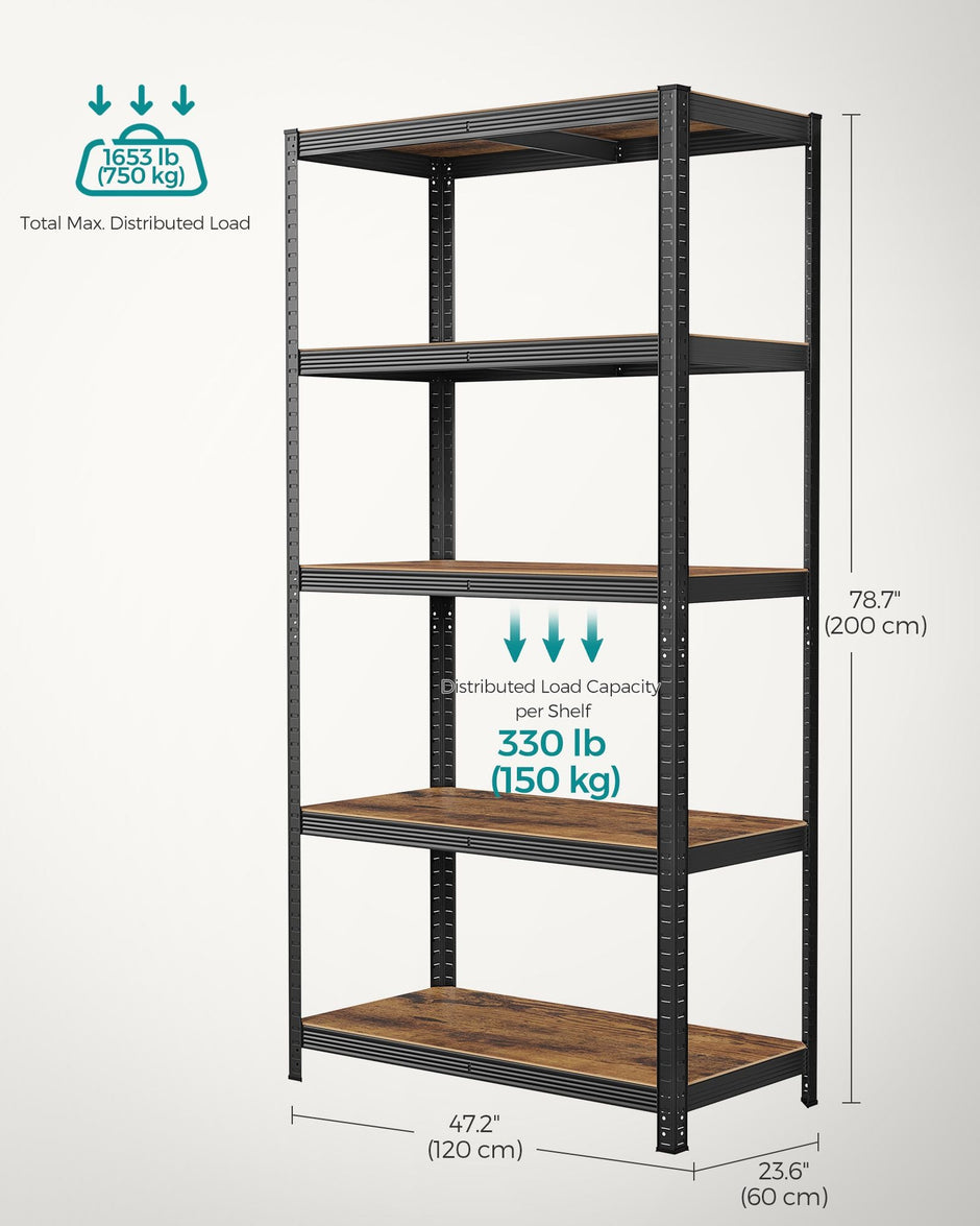 5-Tier Shelving Unit – Reinforced Steel – Black and Rustic Brown – Adjustable Shelves, Max. Load 875 kg