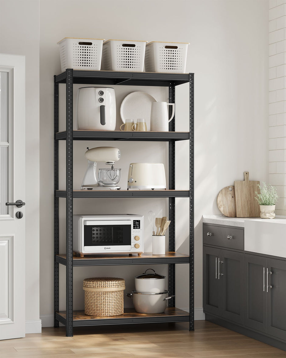 5-Tier Shelving Unit – Reinforced Steel – Black and Rustic Brown – Adjustable Shelves, Max. Load 875 kg