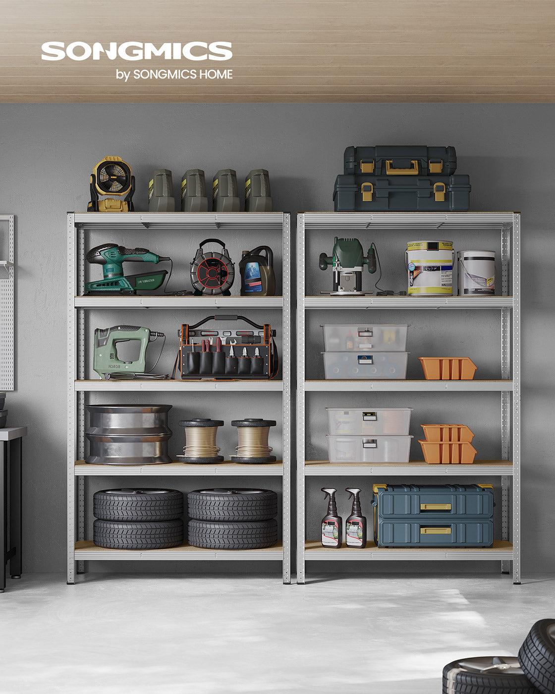 5-Tier Steel Shelving Unit – Reinforced Steel – Silver – Adjustable Shelves, Set of 2, Max. Load 875 kg