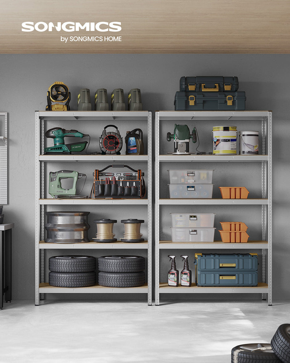 5-Tier Steel Shelving Unit – Reinforced Steel – Silver – Adjustable Shelves, Set of 2, Max. Load 875 kg