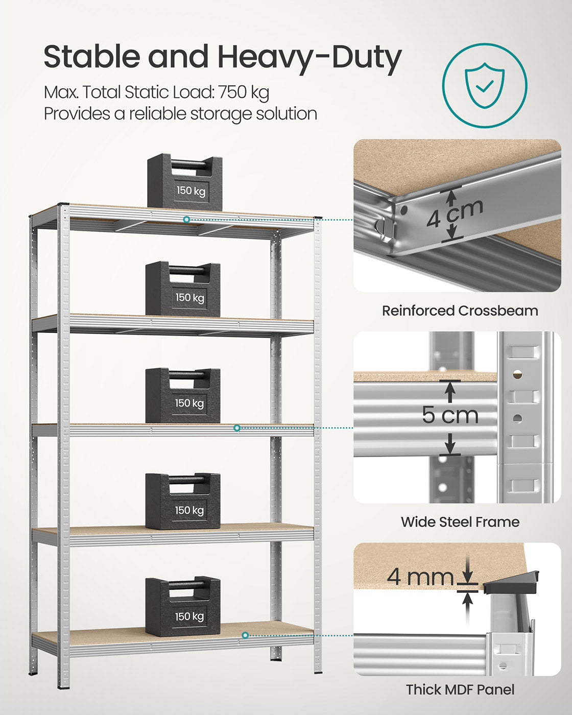 5-Tier Steel Shelving Unit – Reinforced Steel – Silver – Adjustable Shelves, Set of 2, Max. Load 875 kg