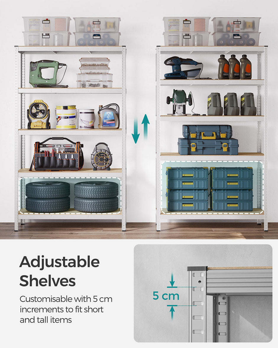5-Tier Steel Shelving Unit – Reinforced Steel – Silver – Adjustable Shelves, Set of 2, Max. Load 875 kg