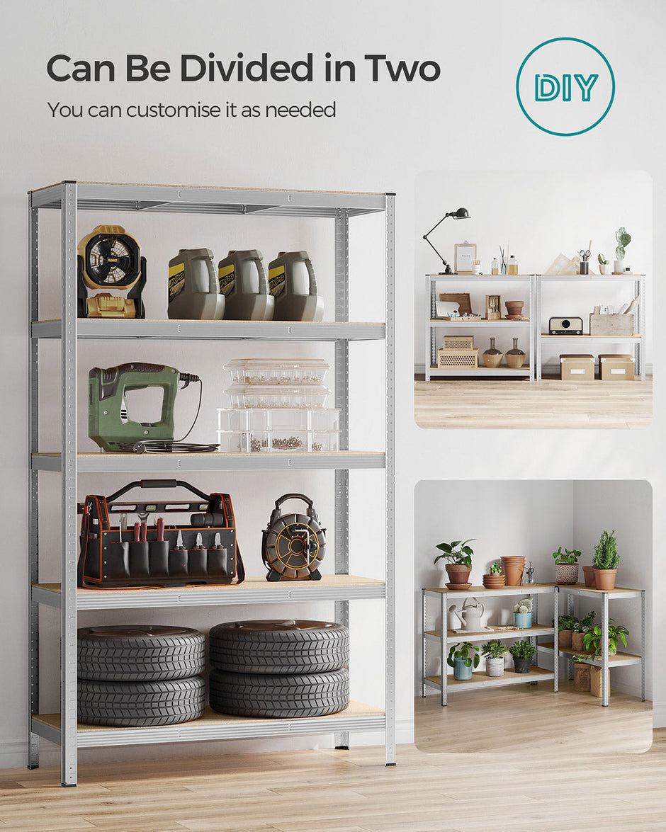 5-Tier Steel Shelving Unit – Reinforced Steel – Silver – Adjustable Shelves, Set of 2, Max. Load 875 kg
