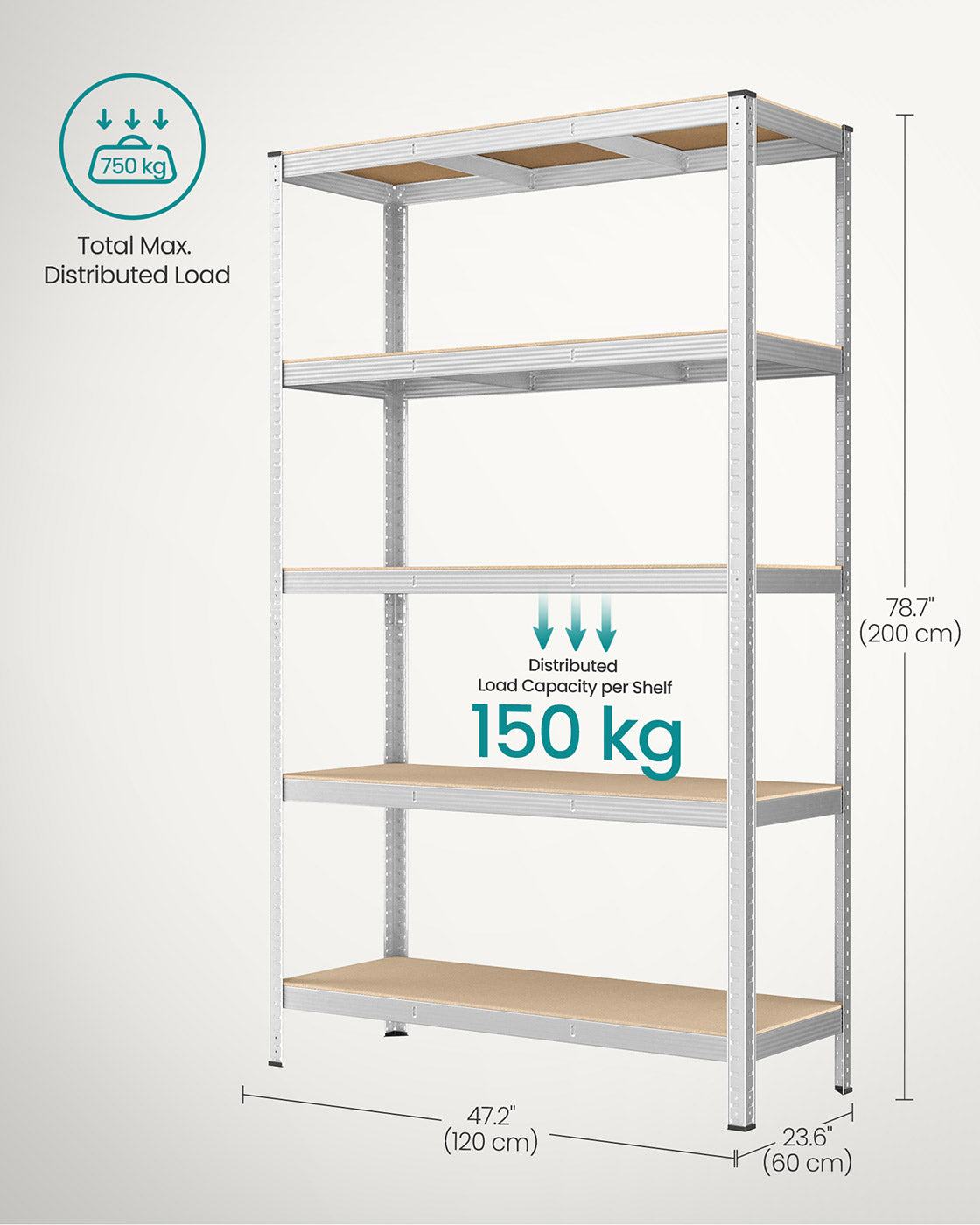 5-Tier Steel Shelving Unit – Reinforced Steel – Silver – Adjustable Shelves, Set of 2, Max. Load 875 kg
