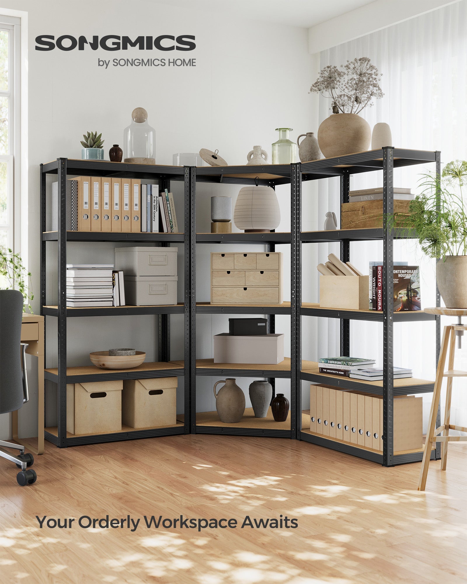 5-Tier Corner Shelf – Heavy Duty Metal – Ink Black and Natural Beige – 2625 kg Load Capacity