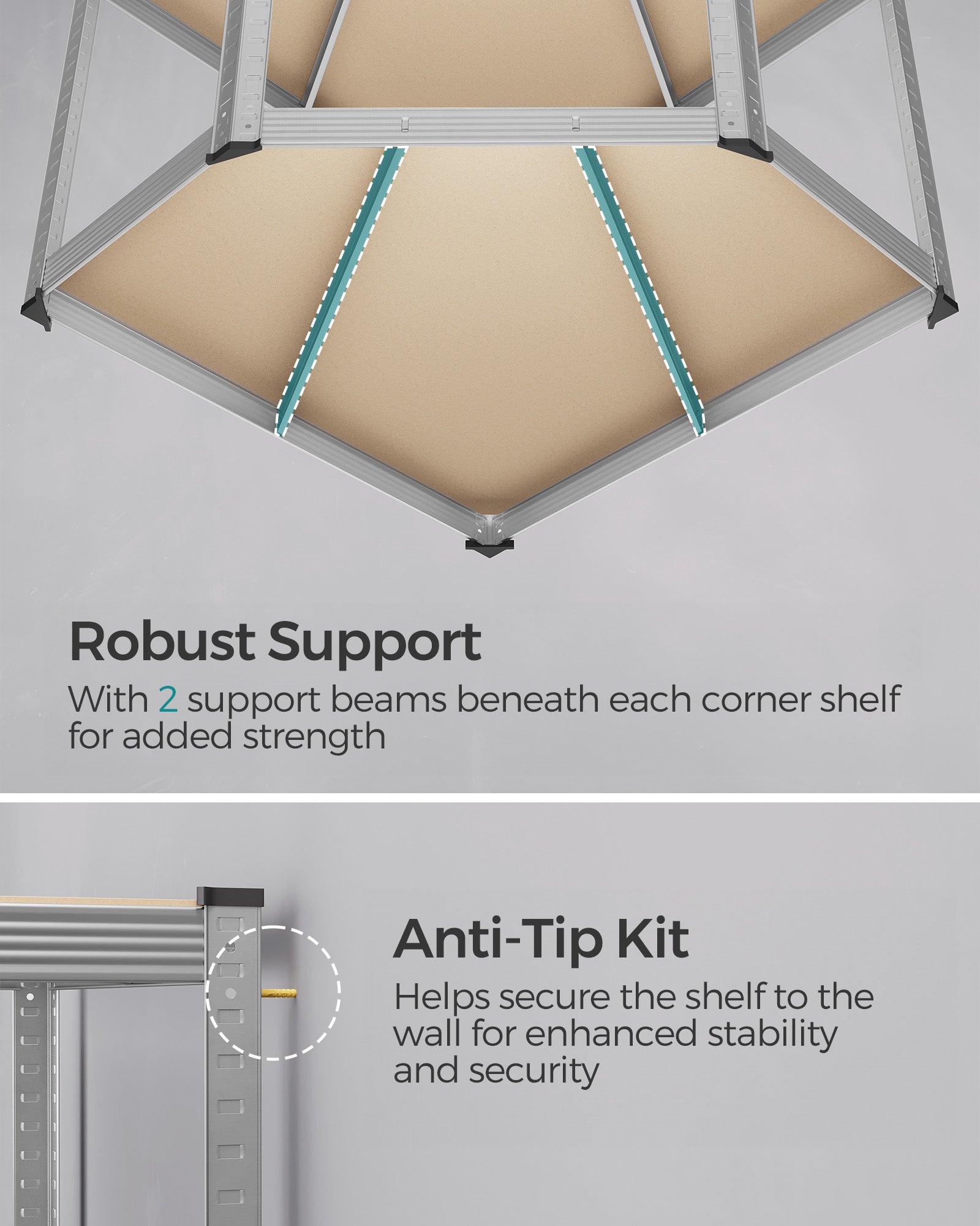 5-Tier Corner Shelf – Metal – Silver and Natural Beige – Heavy Duty Storage Solution