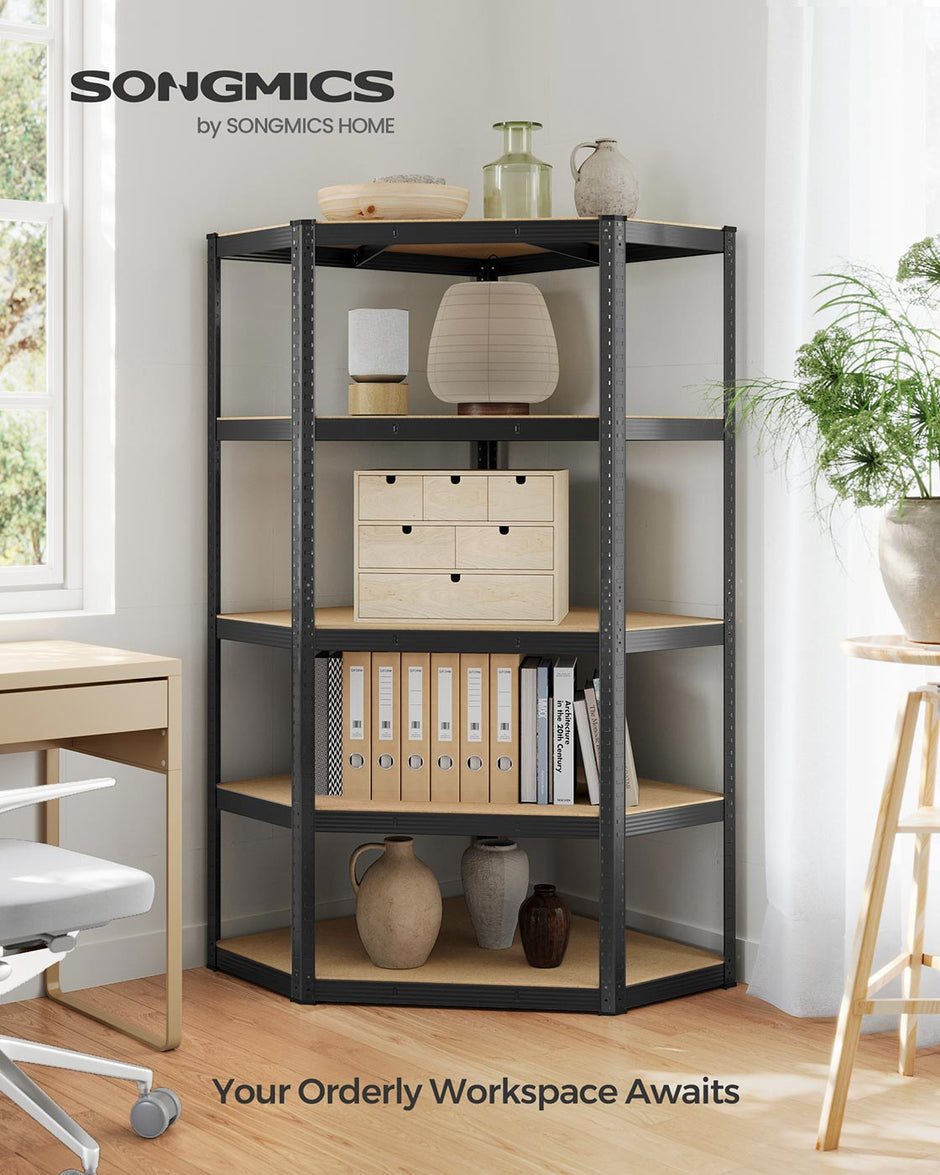 5-Tier Corner Shelf – Heavy Duty Metal – Ink Black and Natural Beige – 875 kg Load Capacity
