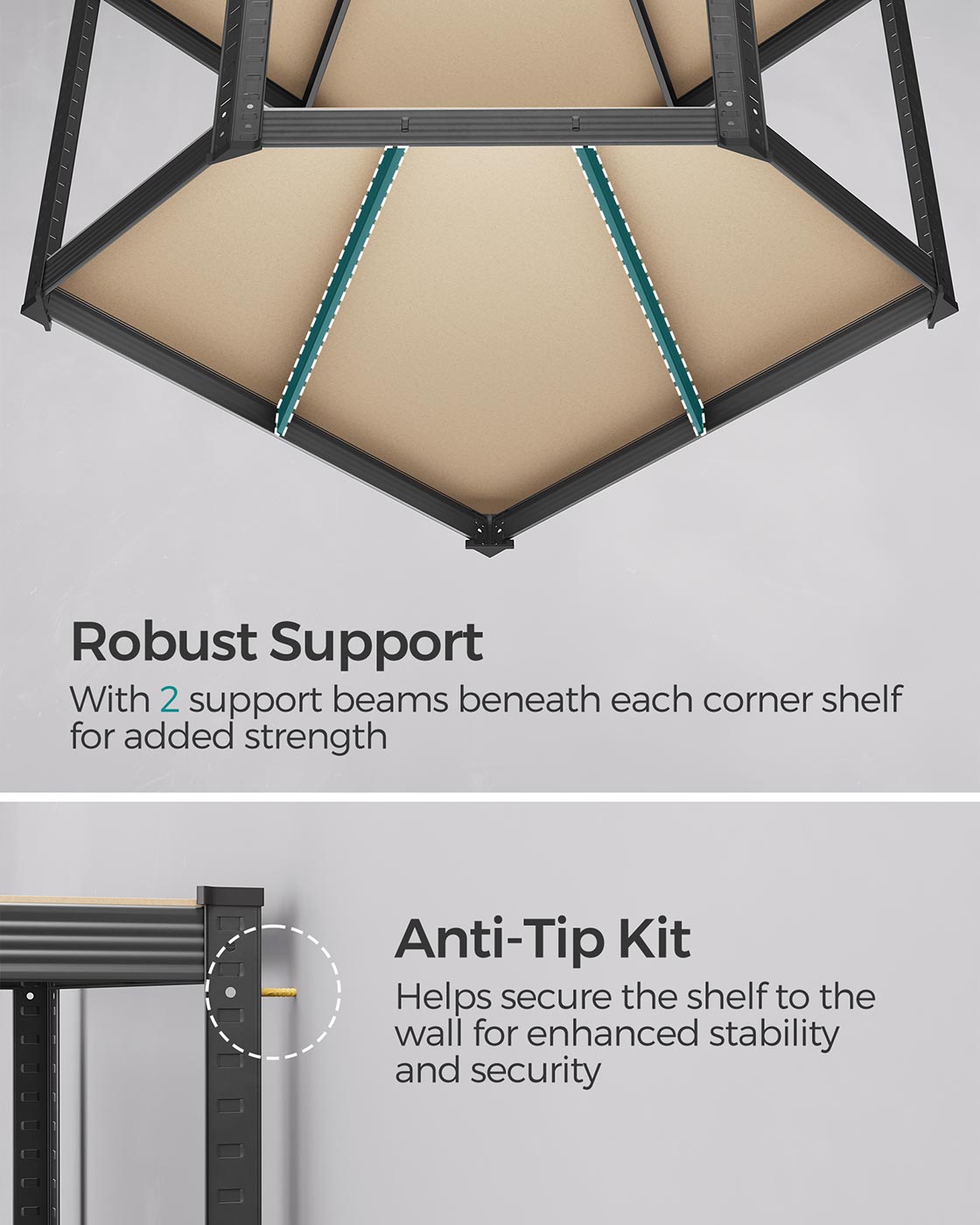5-Tier Corner Shelf – Heavy Duty Metal – Ink Black and Natural Beige – 875 kg Load Capacity