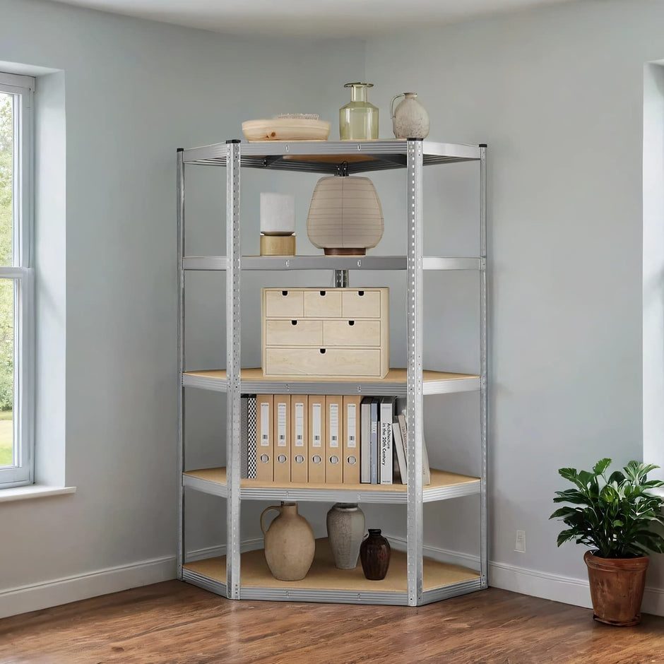 5-Tier Corner Shelf – Heavy Duty Metal – Silver and Natural Beige – 875 kg Load Capacity