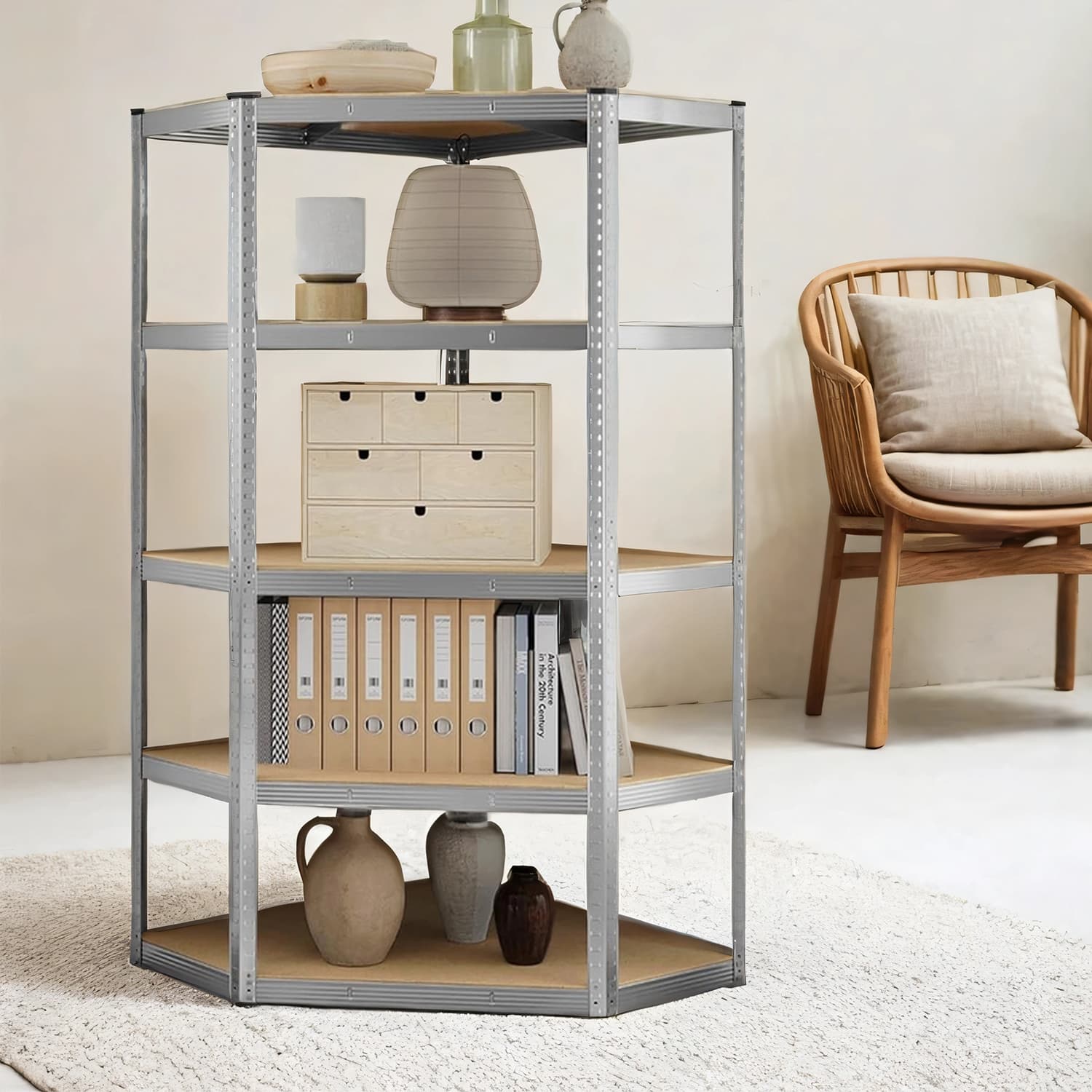 5-Tier Corner Shelf – Heavy Duty Metal – Silver and Natural Beige – 875 kg Load Capacity