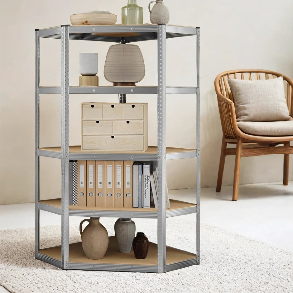 5-Tier Corner Shelf – Heavy Duty Metal – Silver and Natural Beige – 875 kg Load Capacity