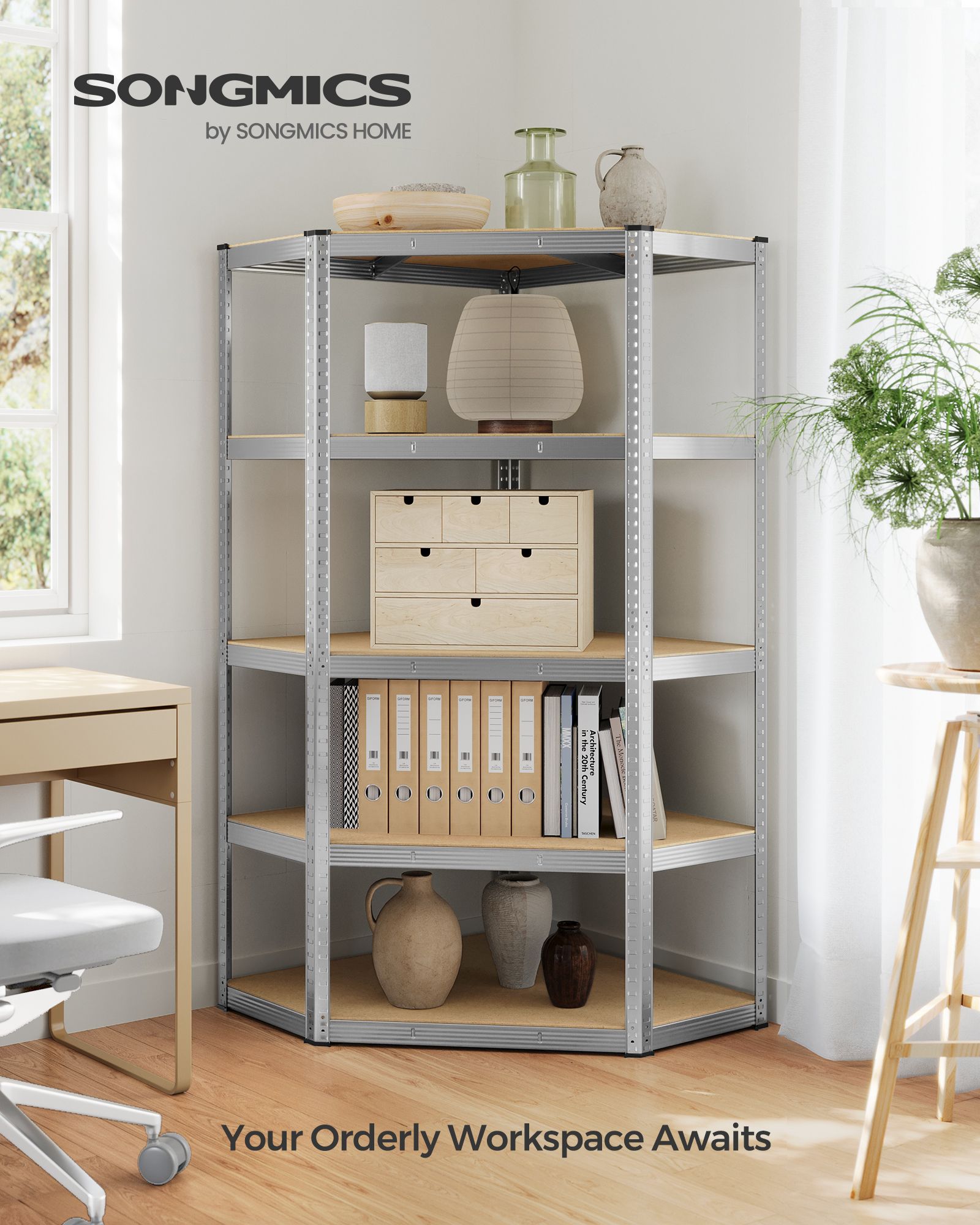 5-Tier Corner Shelf – Metal – Natural Beige and Ink Black – Heavy Duty Design, 90 cm Wide, Supports 875 kg