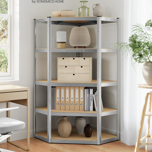 5-Tier Corner Shelf – Metal – Natural Beige and Ink Black – Heavy Duty Design, 90 cm Wide, Supports 875 kg