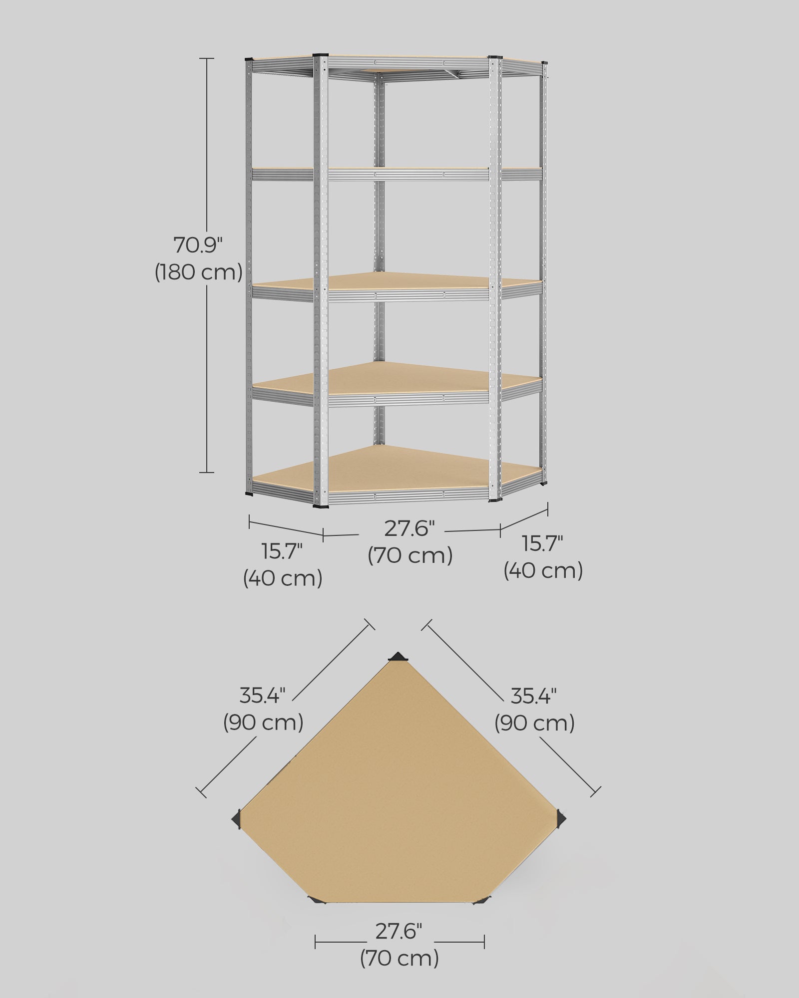 5-Tier Corner Shelf – Metal – Natural Beige and Ink Black – Heavy Duty Design, 90 cm Wide, Supports 875 kg
