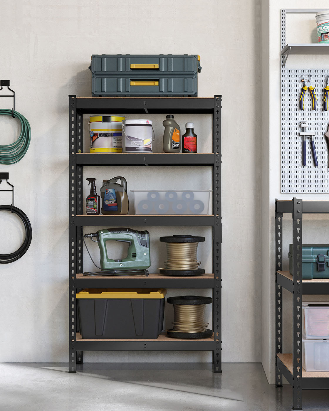 5-Tier Shelving Unit – Metal – Black – Adjustable Boltless Assembly, 30 x 75 x 150 cm, 875 kg Capacity