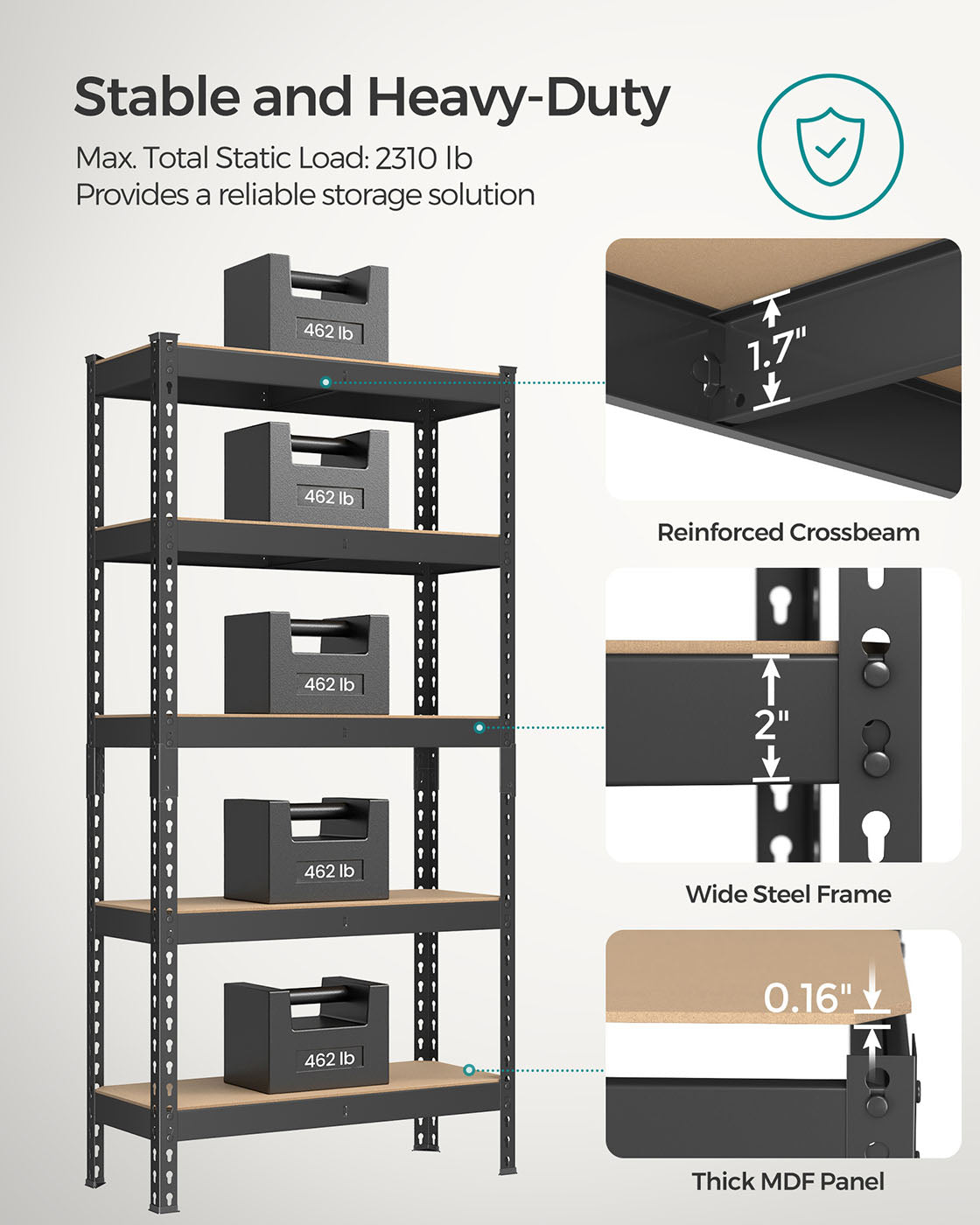 5-Tier Shelving Unit – Metal – Black – Adjustable Boltless Assembly, 30 x 75 x 150 cm, 875 kg Capacity