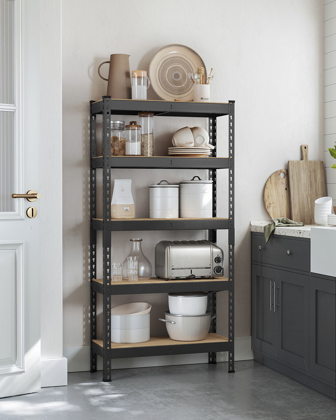 5-Tier Shelving Unit – Metal – Black – Adjustable Boltless Assembly, 30 x 75 x 150 cm, 875 kg Capacity