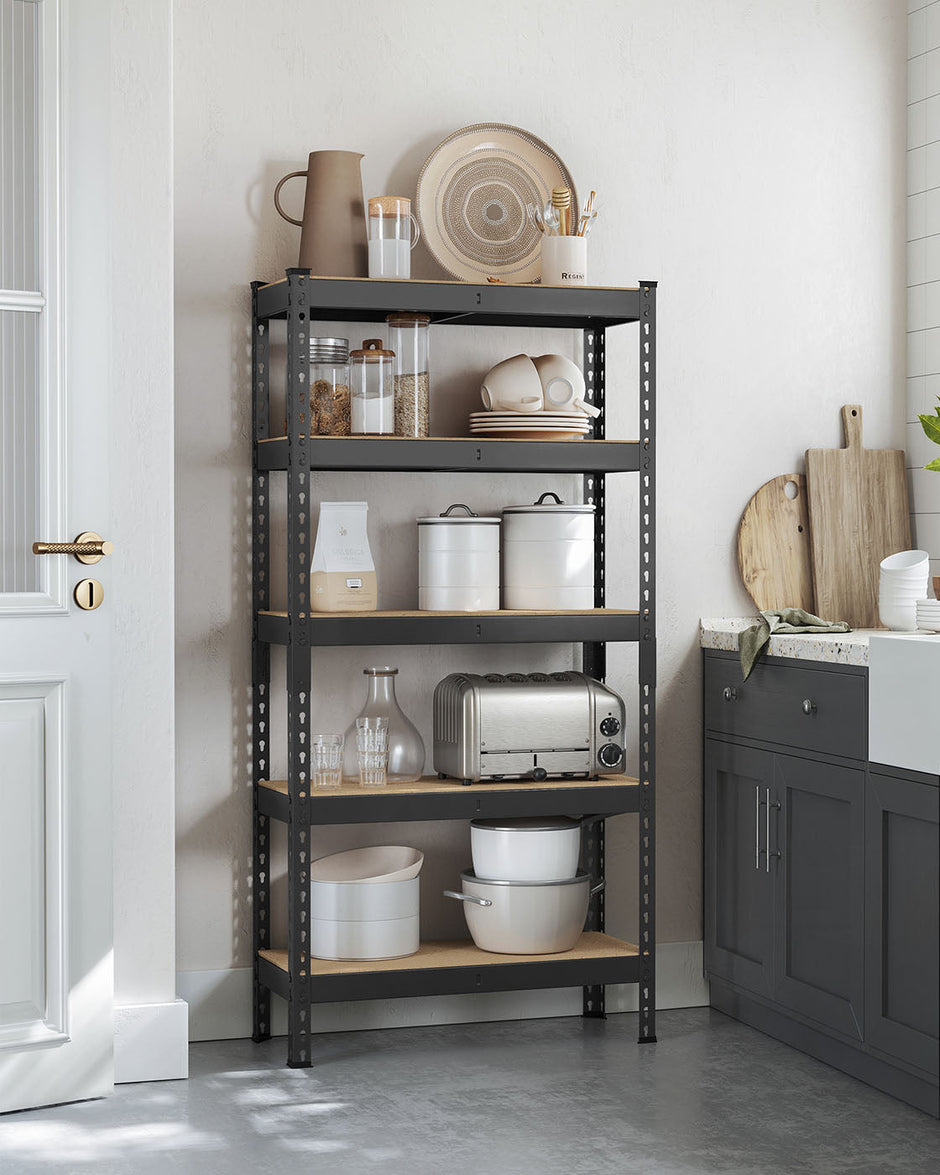 5-Tier Shelving Unit – Metal – Black – Adjustable Boltless Assembly, 30 x 75 x 150 cm, 875 kg Capacity