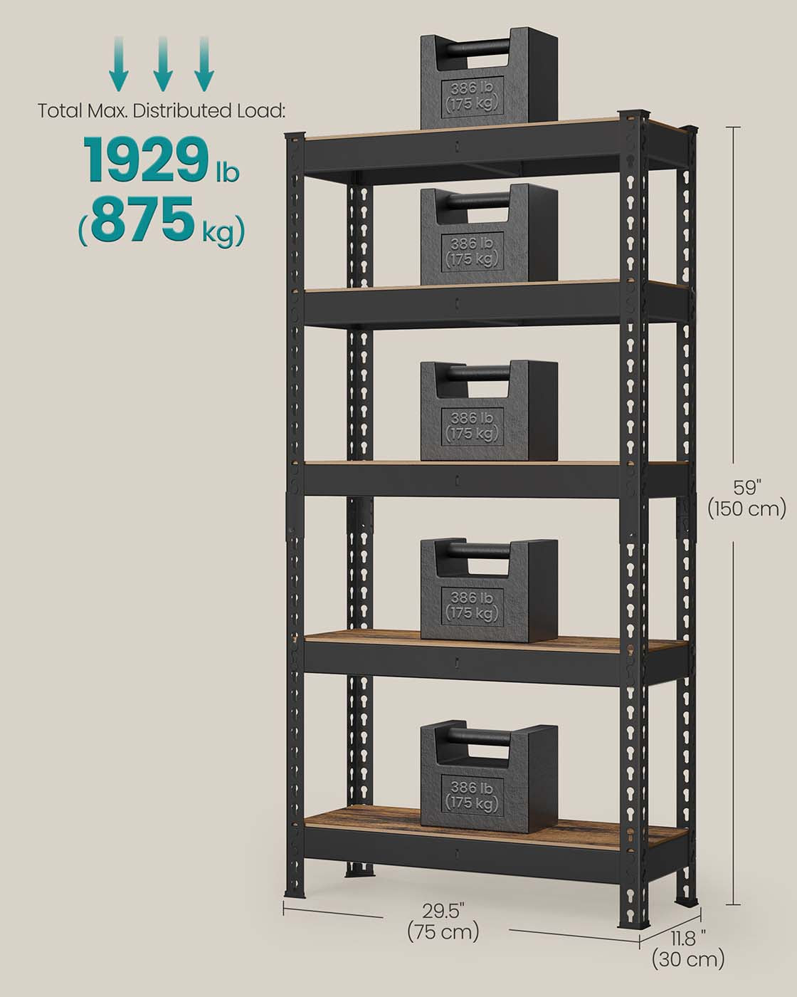 5-Tier Shelving Unit – Metal – Rustic Brown – Boltless Assembly, Adjustable Shelves, 875 kg Load Capacity