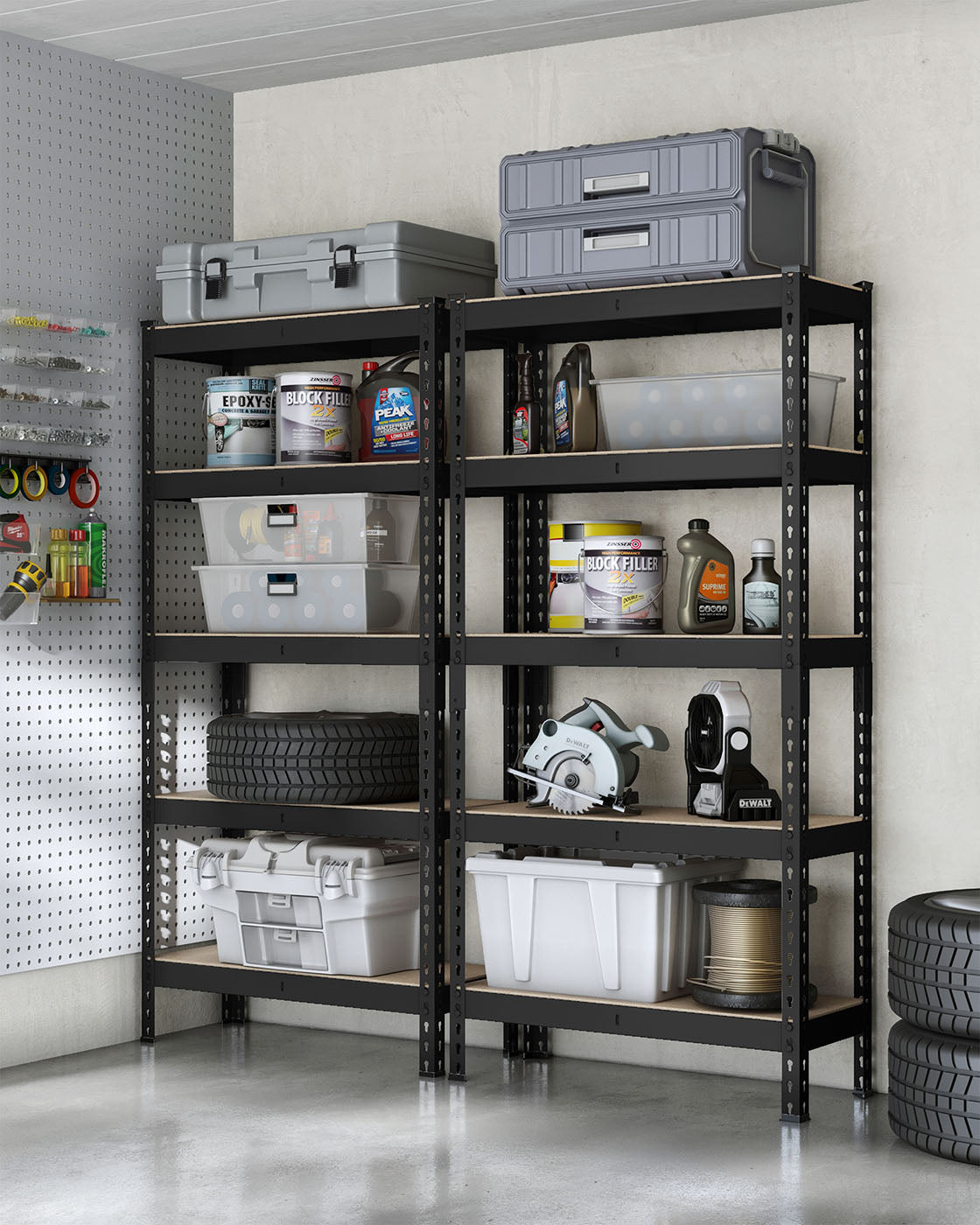Set of 2 5-Tier Storage Shelves – Steel – Black – Adjustable, Boltless Assembly, 875 kg Load Capacity