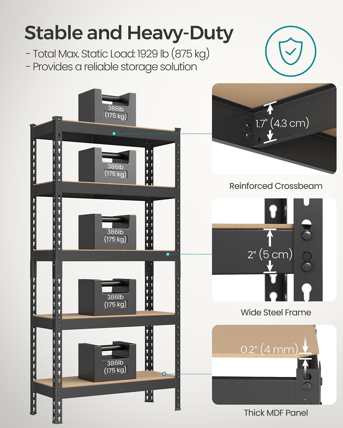Set of 2 5-Tier Storage Shelves – Steel – Black – Adjustable, Boltless Assembly, 875 kg Load Capacity