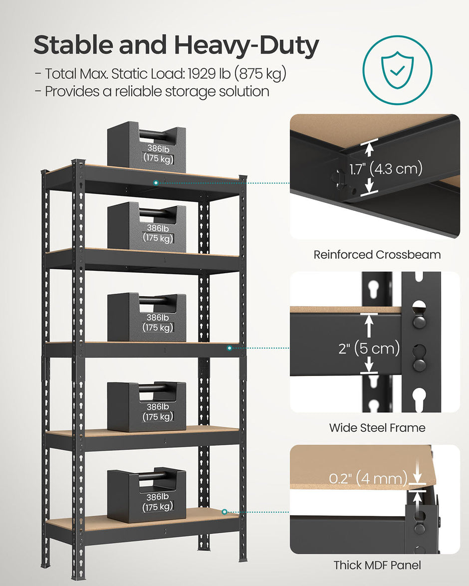 Set of 2 5-Tier Storage Shelves – Steel – Black – Adjustable, Boltless Assembly, 875 kg Load Capacity