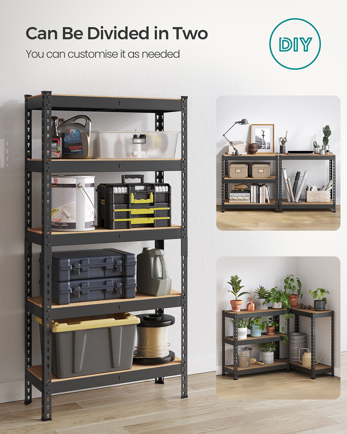 Set of 2 5-Tier Storage Shelves – Steel – Black – Adjustable, Boltless Assembly, 875 kg Load Capacity
