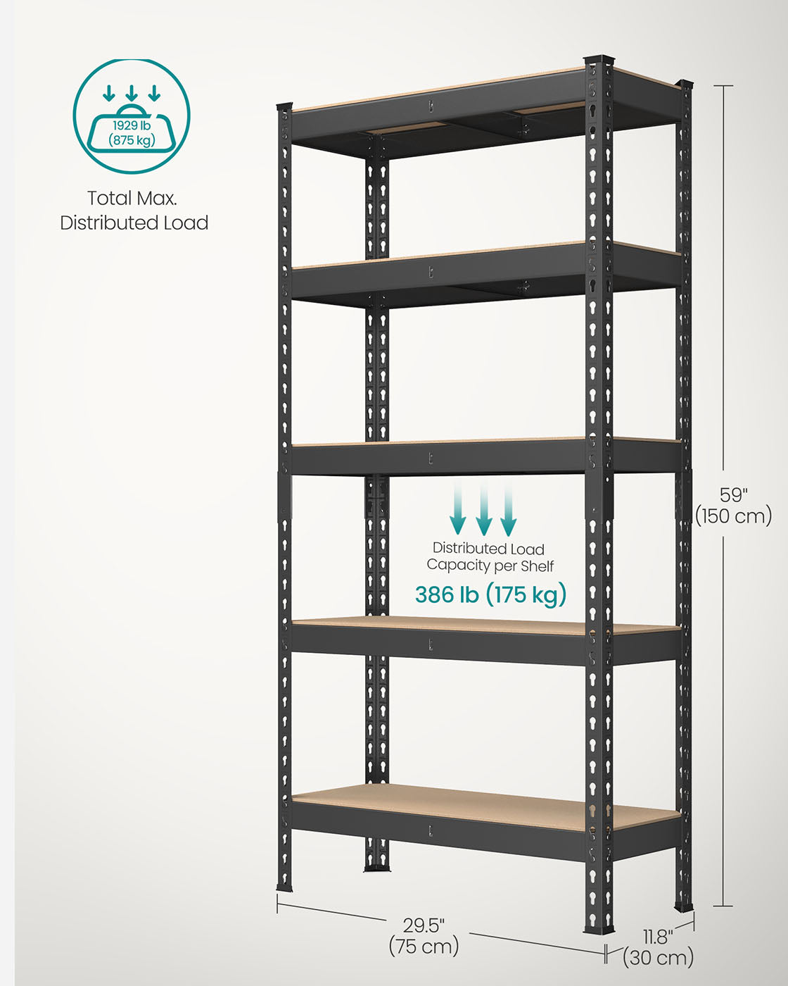 Set of 2 5-Tier Storage Shelves – Steel – Black – Adjustable, Boltless Assembly, 875 kg Load Capacity