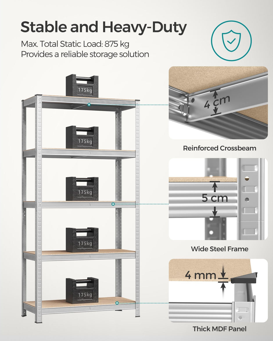 Heavy Duty Shelving Unit – Steel – Silver – Adjustable 5-Tier Design, Max Load 875 kg