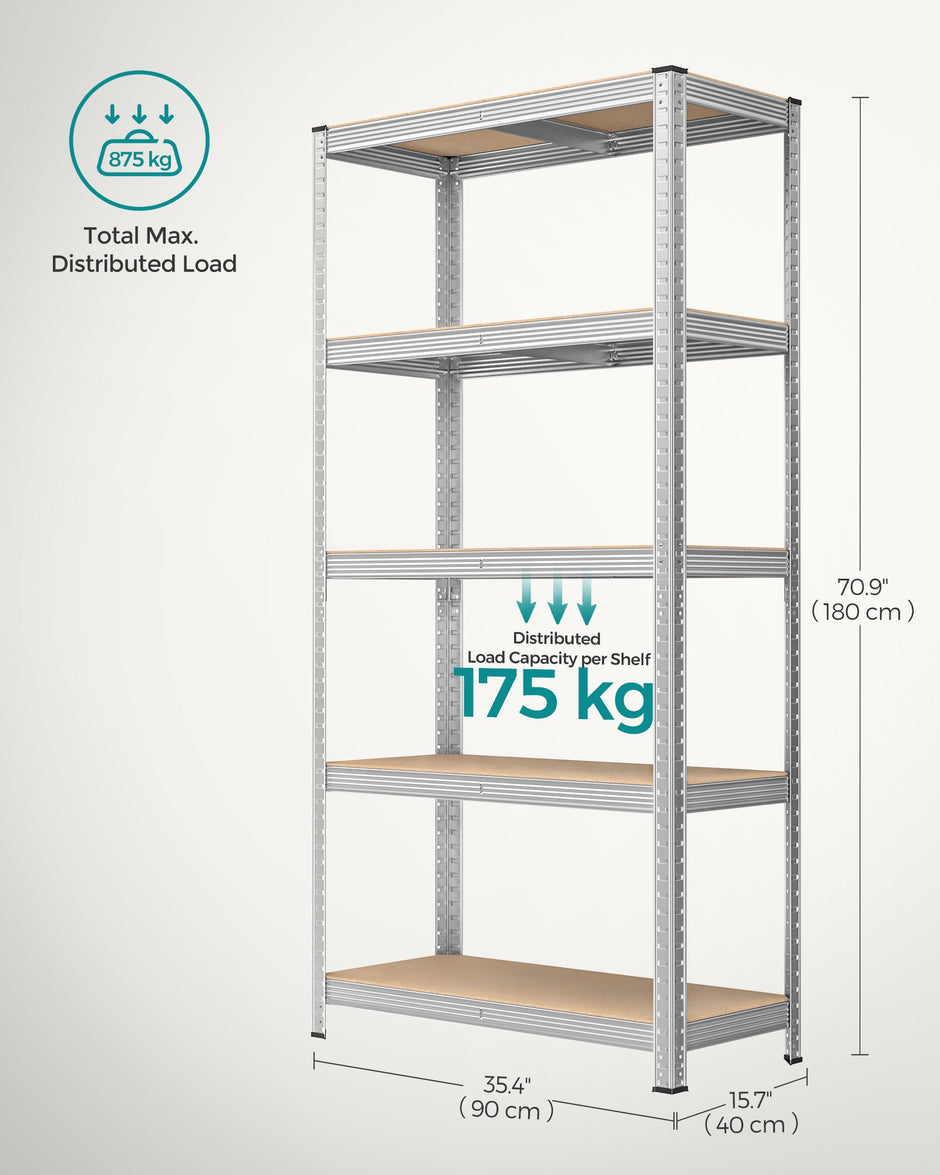 Heavy Duty Shelving Unit – Steel – Silver – Adjustable 5-Tier Design, Max Load 875 kg
