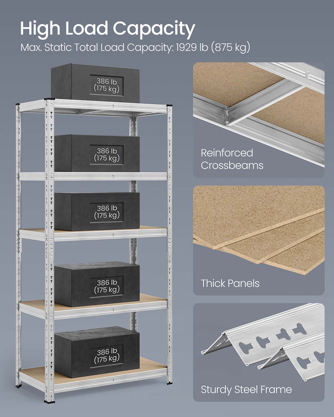 Heavy Duty Metal Storage Shelf – Steel – Silver – Adjustable Shelves, Supports up to 875 kg