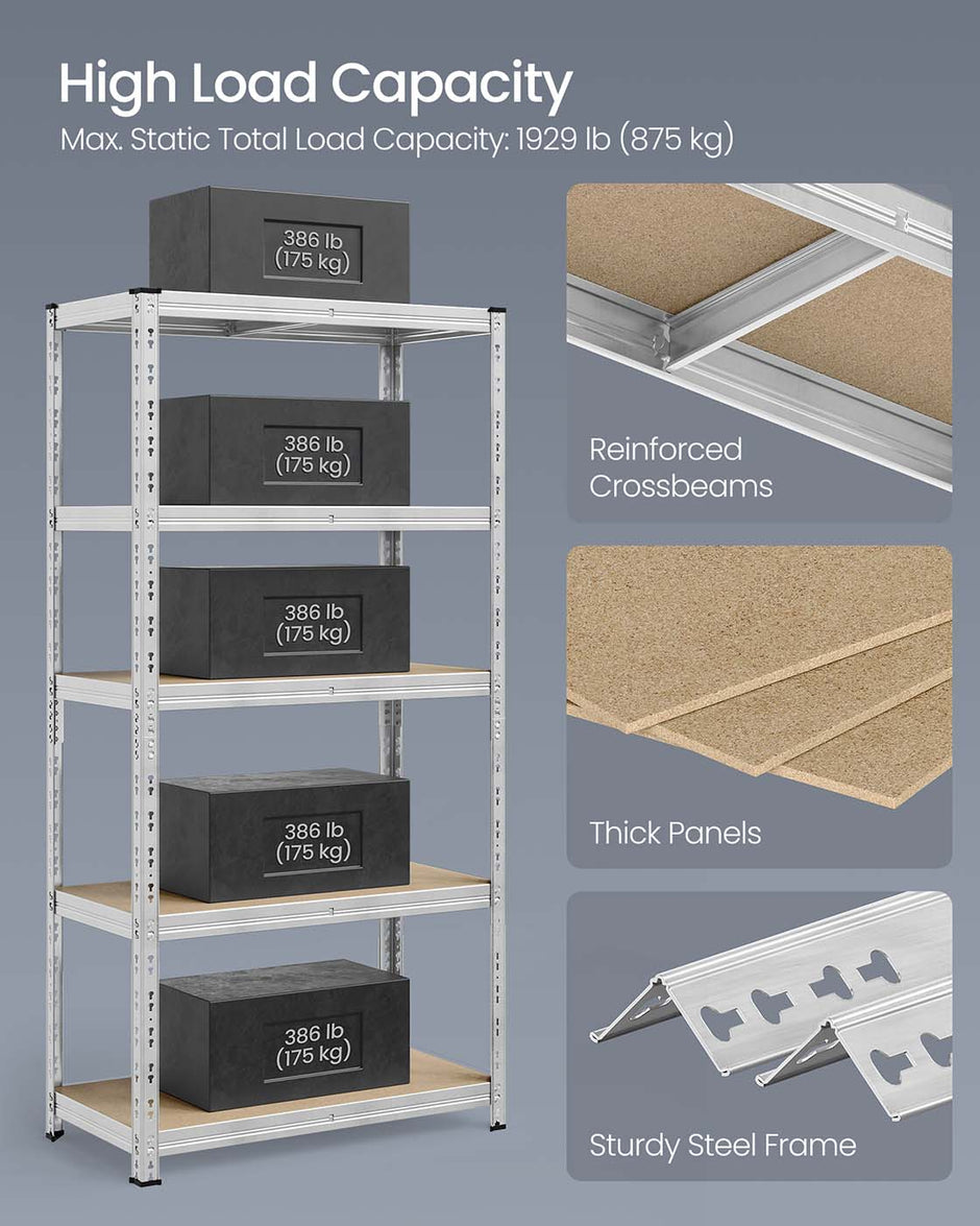 Heavy Duty Metal Storage Shelf – Steel – Silver – Adjustable Shelves, Supports up to 875 kg