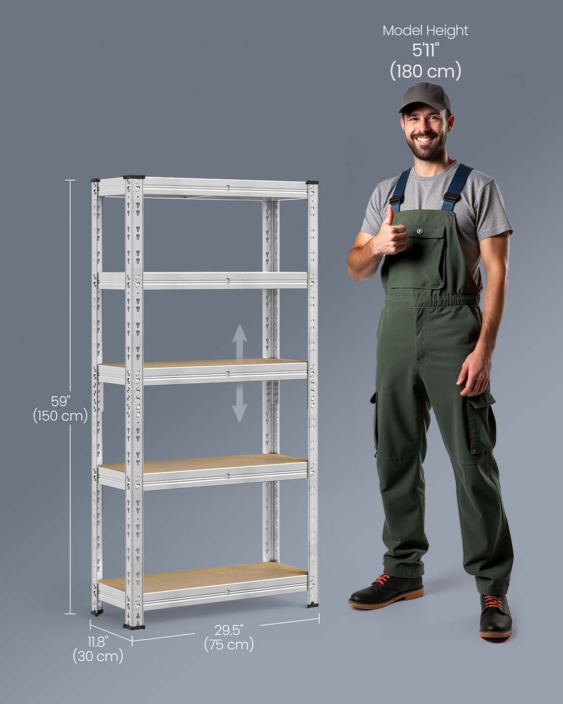 Heavy Duty Metal Storage Shelf – Steel – Silver – Adjustable Shelves, Supports up to 875 kg
