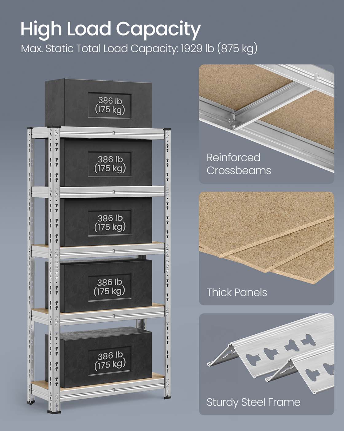 Heavy Duty Metal Storage Shelf – Steel – Silver – Adjustable Shelves, Supports up to 875 kg