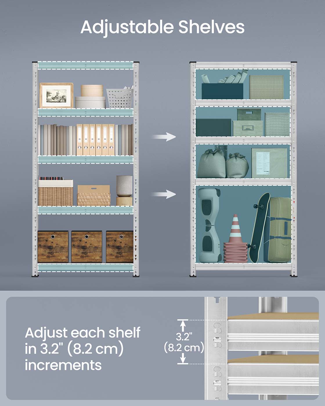 Heavy Duty Metal Storage Shelf – Steel – Silver – Adjustable Shelves, Supports up to 875 kg
