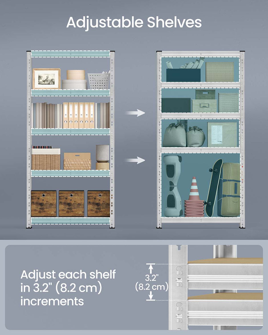Heavy Duty Metal Storage Shelf – Steel – Silver – Adjustable Shelves, Supports up to 875 kg